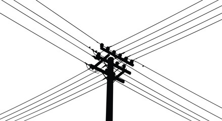 Utility pole silhouette, symmetrical power lines, electric grid structure, urban energy network, dramatic contrast, industrial wires, high voltage infrastructure, X-shaped design