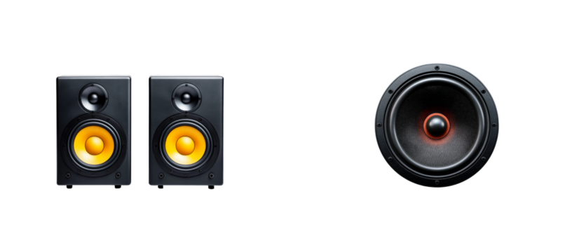 Studio monitor speakers with bright yellow cones and a separate woofer, cut out