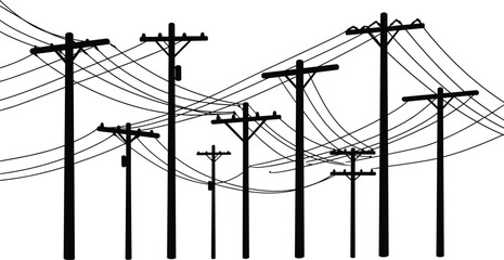Utility poles silhouette, power lines network, urban infrastructure, electricity distribution, black and white contrast, industrial energy grid, minimalist composition, dramatic tension