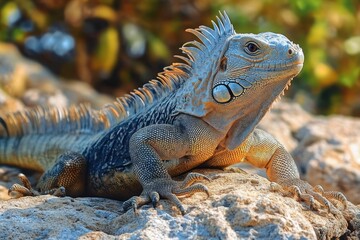 Close-up of a large iguana resting on a rocky surface with detailed textured skin and vibrant natural background tones