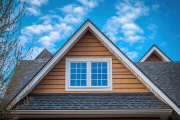 Obraz premium close-up of a brown house roof with a triangular gable, white-framed double windows, gray shingles, and a clear blue sky with scattered clouds