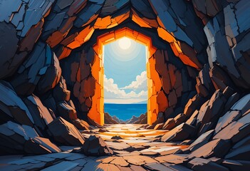View from inside a rocky cave with sunlight illuminating an ocean landscape and sky beyond the