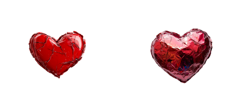 Red hearts, one shattered, one crumpled, on black, cut out