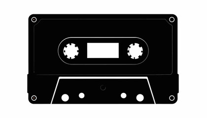 Obraz premium A black cassette tape illustration, a retro music storage device, isolated on white.