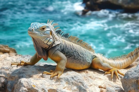 Close-up of a large green iguana basking on rocky terrain near a vibrant turquoise ocean under natural daylight, showcasing its textured scales and long tail