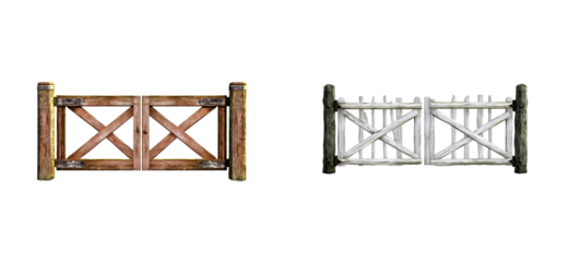 Two rustic wooden gates isolated on black, cut out
