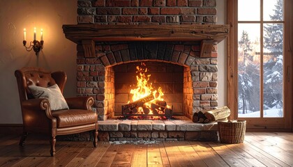 Cozy Brick Fireplace with Leather Armchair and Winter View
