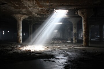 Naklejka premium Sunbeam Illuminating Derelict Warehouse Interior - Hope Amidst Decay.