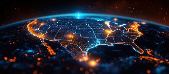 Futuristic digital map of the United States glowing with bright orange and blue lights displaying city locations and state borders at night on a curved globe