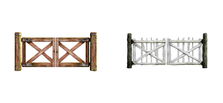 Two rustic wooden gates isolated on black, cut out