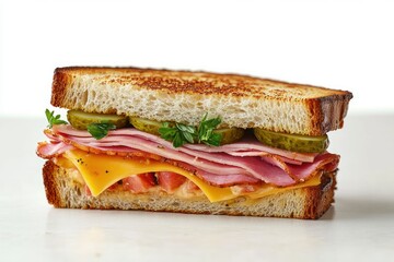 Toasted sandwich with layers of sliced ham, cheddar cheese, tomato slices, pickles, and fresh parsley on rustic white bread