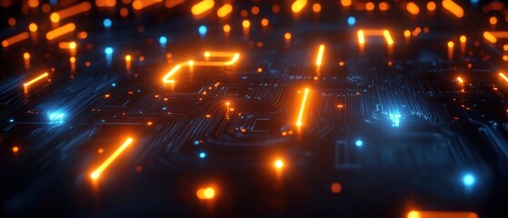 Obraz premium Close-up view of an abstract electronic circuit board with glowing orange and blue lights creating a futuristic technological atmosphere