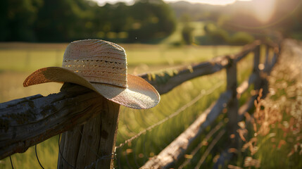 straw hat hanging casuall on wooden fence