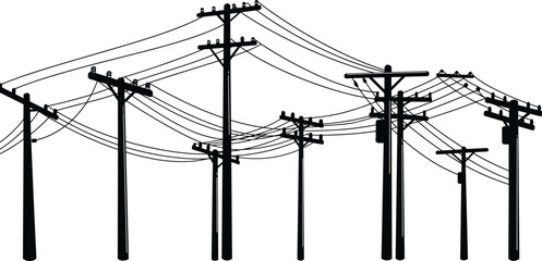 Utility poles silhouette, power lines network, urban infrastructure, electricity transmission, black and white contrast, minimalist style, industrial landscape, telecommunication cables