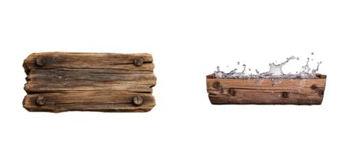 Weathered wooden trough with splashing water, cut out