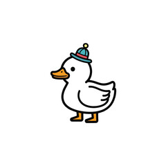 Adorable cartoon duck character wearing a cute striped party hat, a charming and simple vector illustration of a baby bird