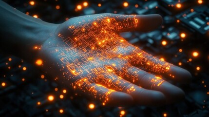 Close-up of a digital hand with glowing orange circuitry and complex patterns representing technology and digital integration