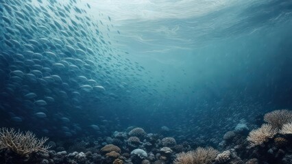 Obraz premium School of fish over a vibrant coral reef in the ocean depths