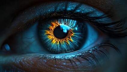 Close-up of a human eye with vibrant blue iris and striking fiery orange patterns around the pupil, showing detailed eyelashes and texture, evoking intensity and fascination