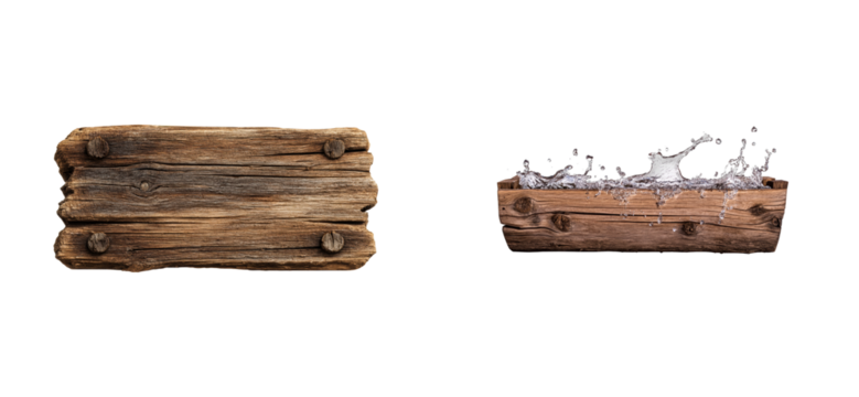 Weathered wooden trough with splashing water, cut out