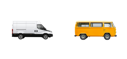 Modern White Van and Vintage Yellow Camper Comparison on Transparent Background, cut out