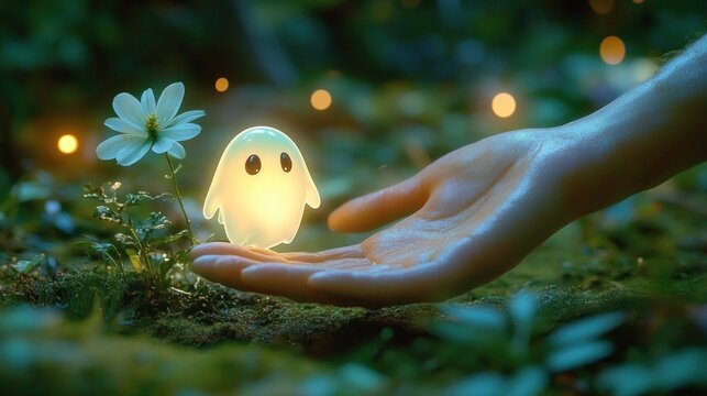 A glowing small ghost-like figure with big eyes resting on an outstretched hand beside a white flower in a magical forest setting with soft glowing lights - Powered by Adobe