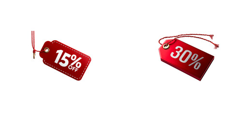 Red discount tags with 15 and 30 percent off text, cut out