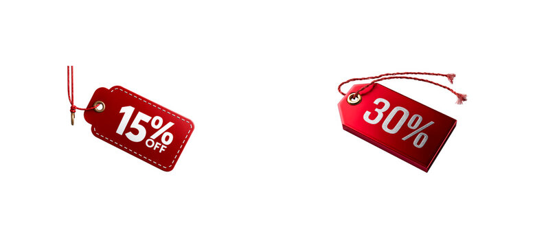 Red discount tags with 15 and 30 percent off text, cut out