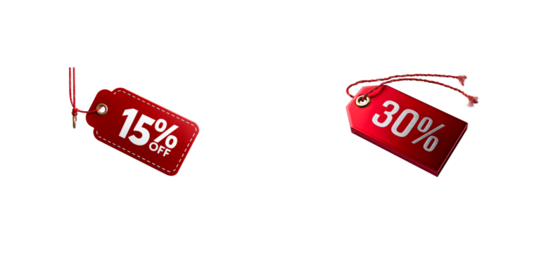 Red discount tags with 15 and 30 percent off text, cut out