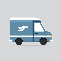 A flat vector illustration of a blue delivery truck with a messenger bird logo, symbolizing fast communication and mail service