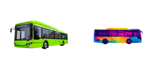 Green public transport bus and colorful abstract bus, cut out