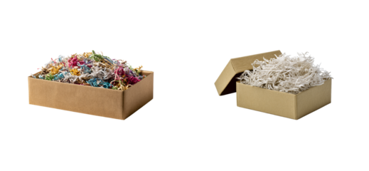 Cardboard box filled with colorful shredded paper filler and empty box, cut out