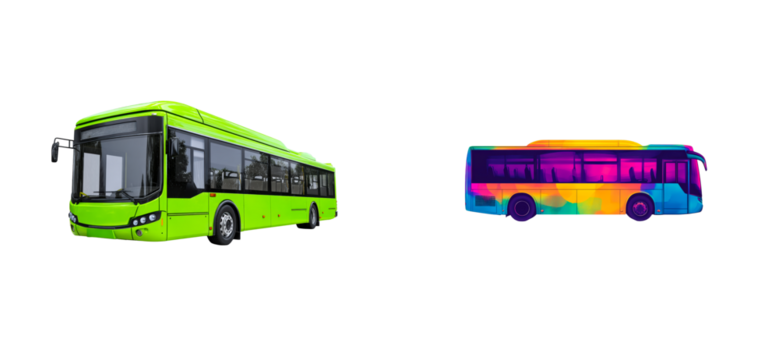 Green public transport bus and colorful abstract bus, cut out