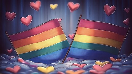 Two rainbow flags surrounded by floating red and yellow heart shapes on a soft cloud-like surface, conveying a warm and loving atmosphere