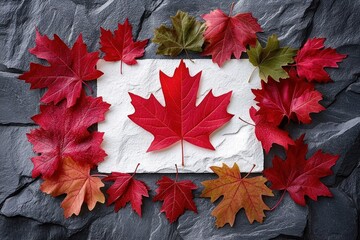Arrangement of various autumn maple leaves forming a circle around a large red maple leaf on a white and dark stone background, showcasing vibrant fall colors
