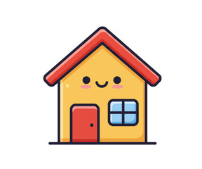 A cute, cartoon-style yellow house with a red door and window, featuring a smiling face.