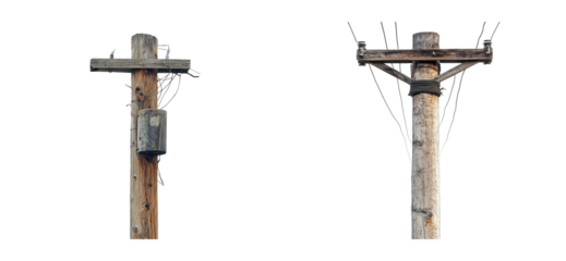 Two Wooden Utility Poles with Wires and Transformer on Transparent Background, cut out