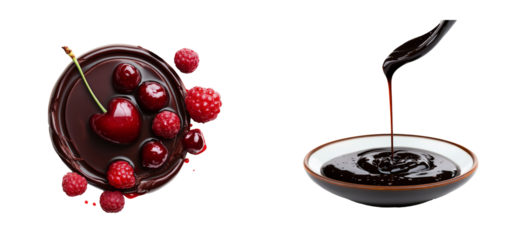 Chocolate sauce pouring over fresh cherries and raspberries on, cut out