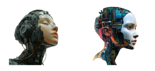 Cybernetic Woman Profile with Circuitry and Mechanical Elements, cut out