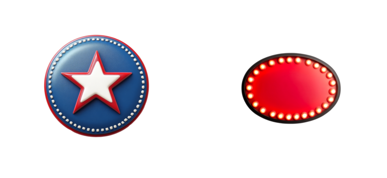Circular badge with white star and oval marquee sign with lights, cut out