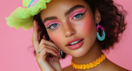 Close-up portrait of a young woman with bright pink and turquoise eye makeup, rosy cheeks, curly hair wearing colorful accessories and a yellow hat against pink background