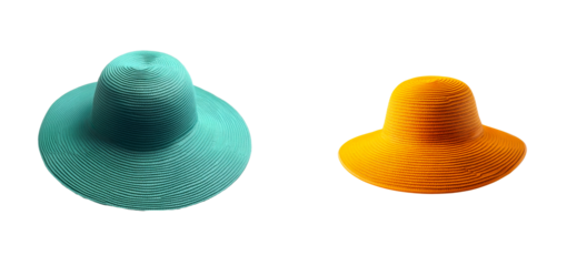 Two woven wide brim hats with textured surfaces on a black background, cut out