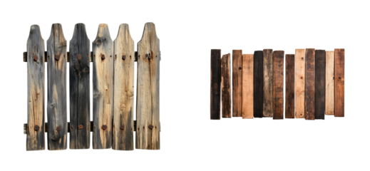 Weathered wooden fence panels isolated on transparent background, cut out