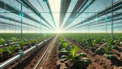 Futuristic greenhouse, rows of plants, digital overlay