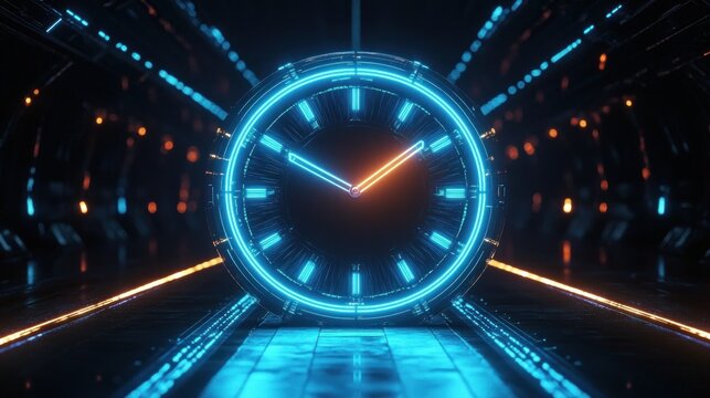 Futuristic glowing neon clock with blue and orange light in a dark tunnel with reflective floor and corridor lights - Powered by Adobe