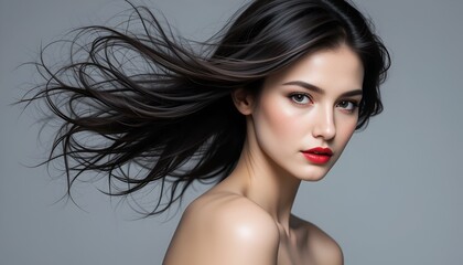 Fototapeta premium Dramatic studio portrait showcases a woman with long, flowing dark hair and red lipstick.