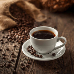 Fototapeta premium black coffee in a classic white ceramic cup with saucer, placed on rustic wooden table