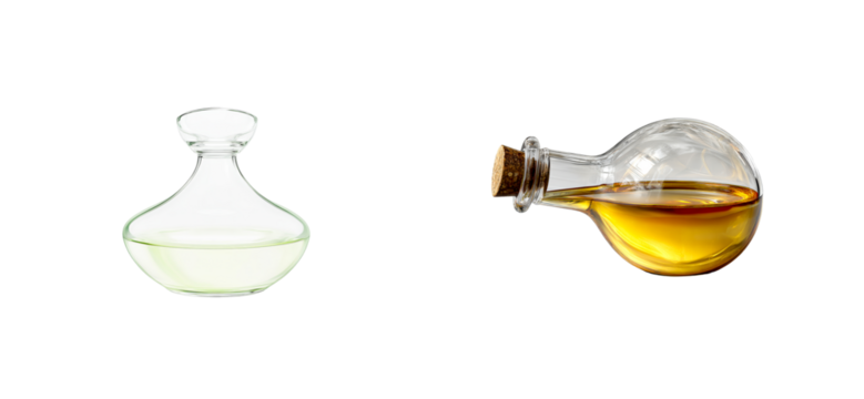 Transparent flask holding golden liquid and clear fluid vessel, cut out