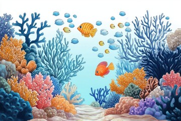 Obraz premium Colorful underwater coral reef scene with various vibrant corals and small fish swimming peacefully in clear blue water