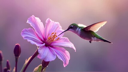 Vivid hummingbird hovering near pink hibiscus flower under soft pastel sky